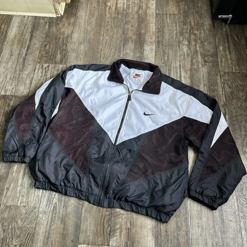 Vintage Nike Swoosh White Black Windbreaker Mesh Rare Size L Large